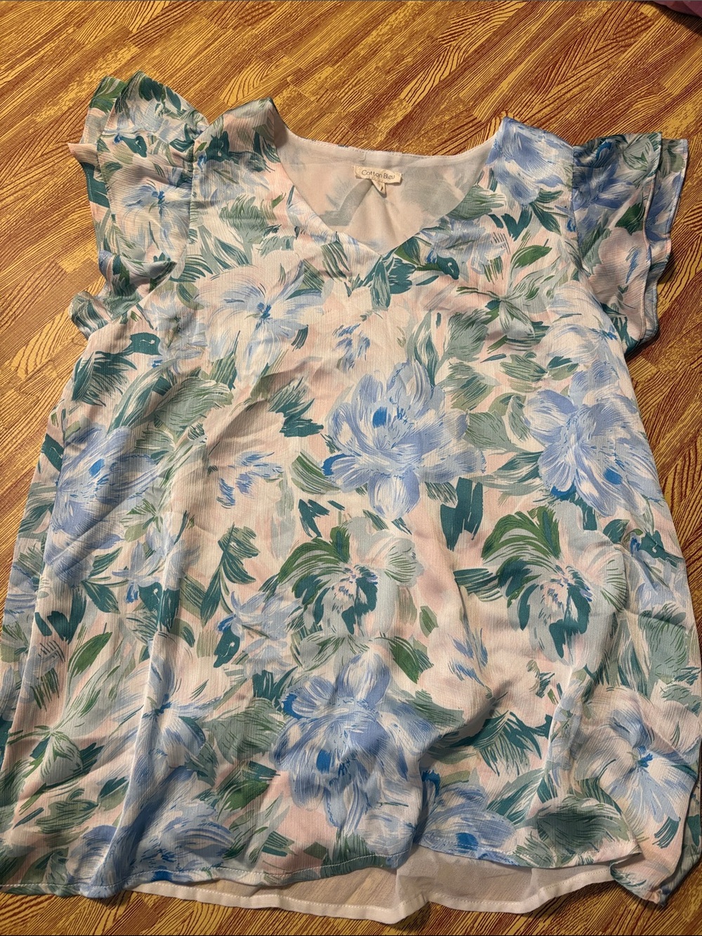 Floral V-Neck Flutter Sleeve Top - Blue & Green